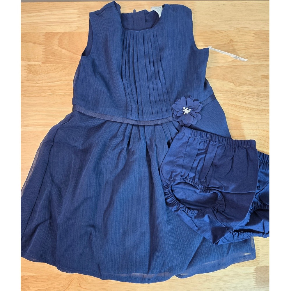 Carters Navy Blue Chiffon Pleated Party Dress with Diaper Cover 24M 120G158